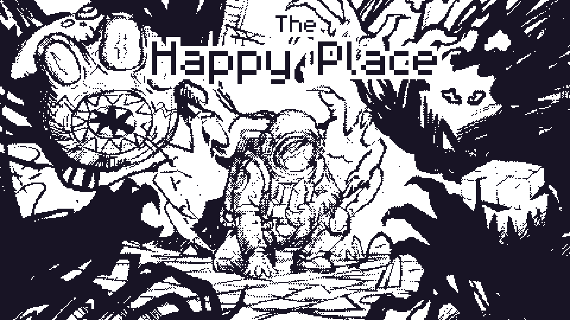 The Happy Place cover art: Luos, a small hooded figure, crouched between a grinning crystal-toothed creature and grasping dark hands.